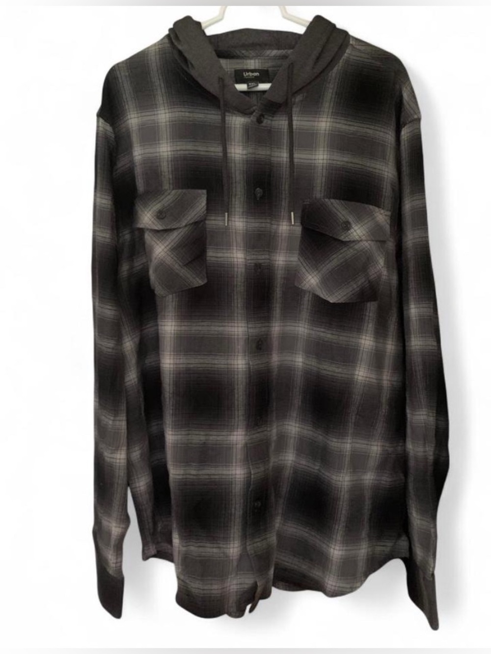 urban pipeline Black & Gray Plaid Hooded Button-Down Shirt